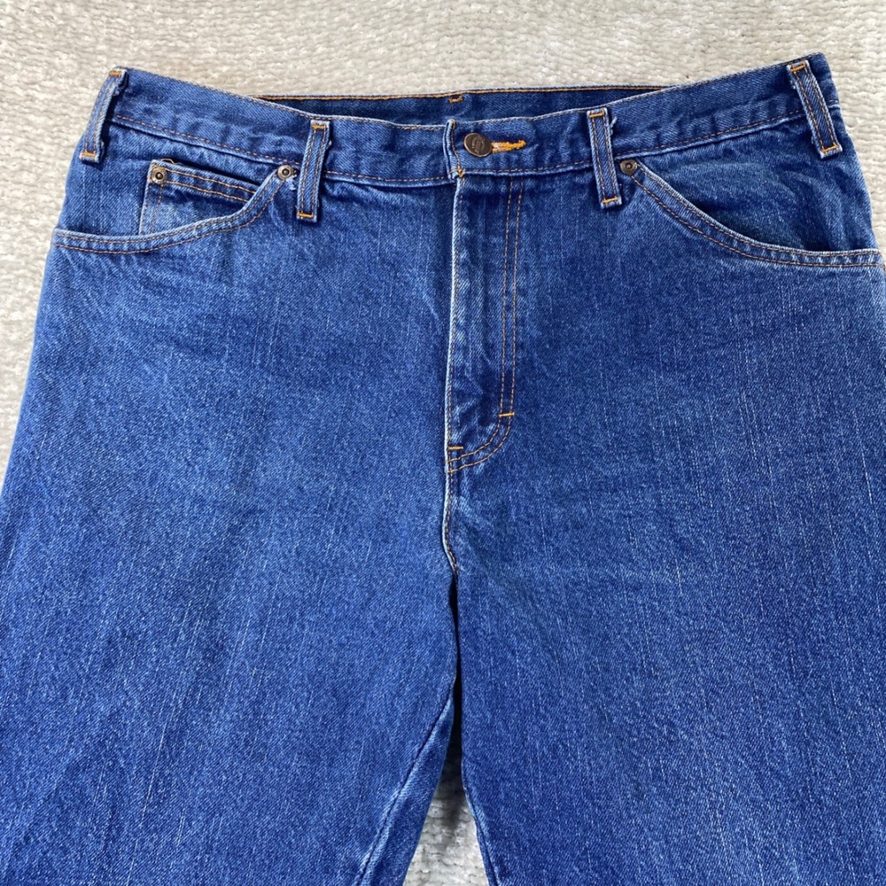 Dickies Mens Straight Leg Blue Denim Workwear Jeans 33x29 Distressed Hem - Picture 2 of 11